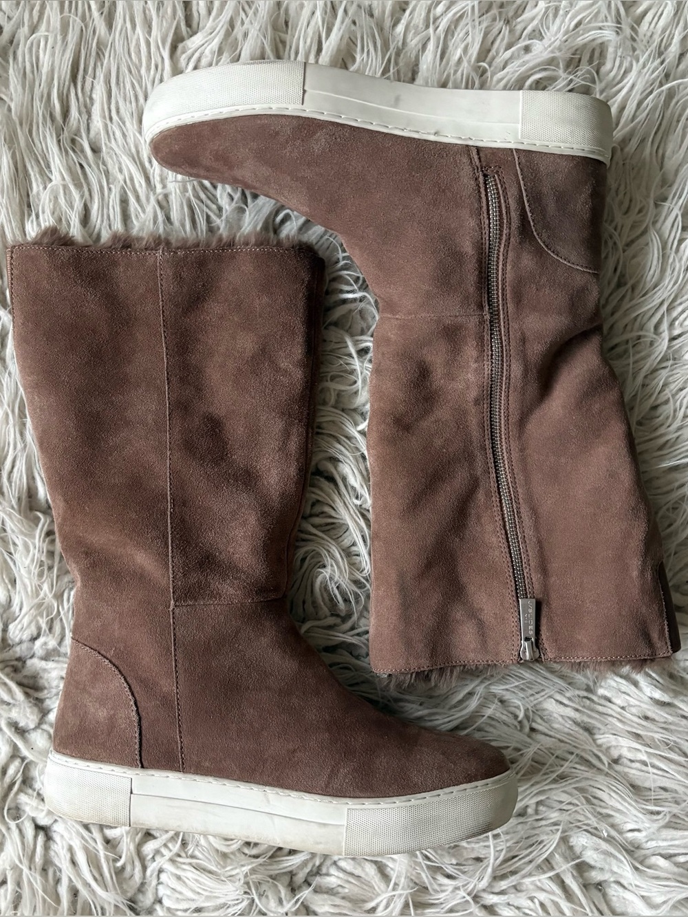 Anthropologie J/Slides Antonia Suede Brown Faux-Fur Zip Sneaker Boots Size 10